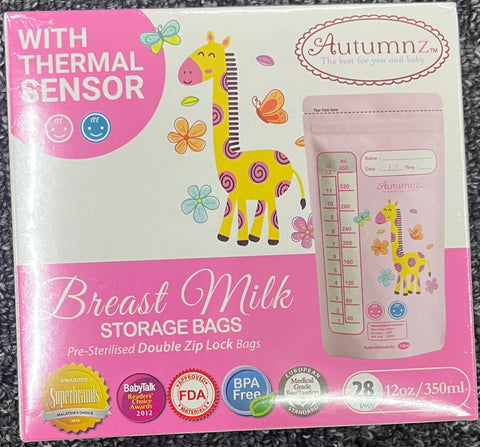 ￼AUTUMNZ 12oz 360mL - Double ZipLock Breastmilk Storage Bag (28 bags) with THERMAL SENSOR (GIRAFFE Design)